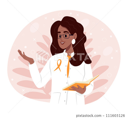 World Multiple Sclerosis Day. A female doctor in a white uniform with an orange awareness ribbon World Multiple Sclerosis Day. A female doctor in a white uniform with an orange awareness ribbon 111603126