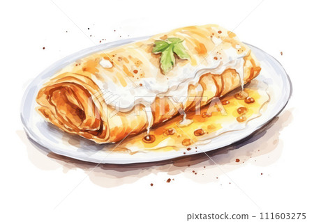 AI-generated content. Delicious Homemade Stuffed Crepes: A Tasty Russian Snack on a Rustic White Plate with Green Background 111603275