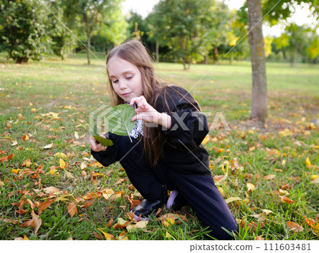 Little girl playing in autumn city park 111603481
