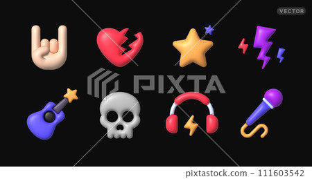 Rock and Roll 3D icon set, great design for any purposes. Included the icons as rocker, leather boy, concert, song, musician, heart, guitar and more. Vector illustration 111603542