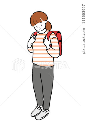 一個背著書包低頭看的女孩 一個背著書包低頭看的女孩 111603997