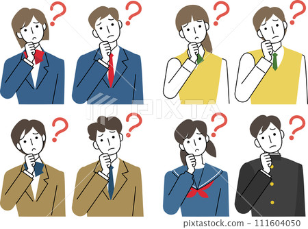 Upper body set of male and female students wearing uniforms tilting their heads Upper body set of male and female students wearing uniforms tilting their heads 111604050