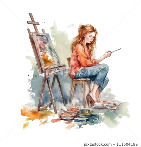 Stunning watercolor illustration featuring a girl painting on an easel with isolated paints. 111604189