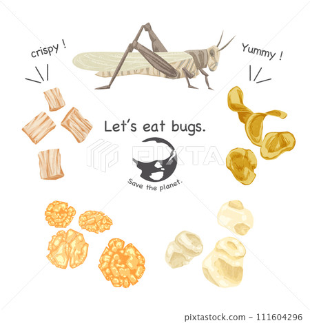 Hand-drawn watercolor style illustration of insect food snacks Hand-drawn watercolor style illustration of insect food snacks 111604296