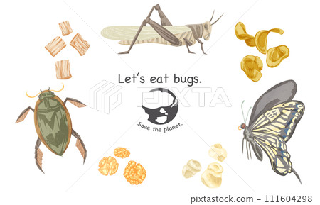 Hand-drawn watercolor style illustration of insect food snacks Hand-drawn watercolor style illustration of insect food snacks 111604298