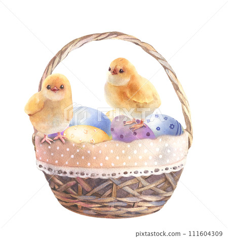 Happy Easter basket with colorful eggs and chicken, hand drawn watercolor illustration. Vintage style. Drawing on isolated white background for greeting cards or invitations 111604309
