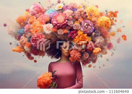 AI-generated content. Floral Beauty: A Young Woman with Pretty Makeup and Gorgeous Hairstyle Surrounded by Pink and White Flowers on a Fresh Green Nature Background AI-generated content. Floral Beauty: A Young Woman with Pretty Makeup and Gorgeous Hairstyle Surrounded by Pink and White Flowers on a Fresh Green Nature Background 111604649