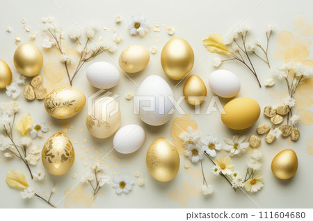 Spring background with gold yellow Easter eggs and fresh flowers. copy space, space for text Spring background with gold yellow Easter eggs and fresh flowers. copy space, space for text 111604680
