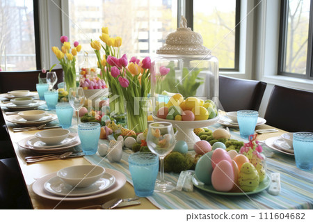 Easter festive spring table setting decoration, napkins, dyed eggs, cakes, flowers. Banner 111604682