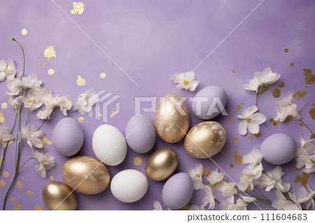 Spring background with gold purple Easter eggs and fresh flowers. copy space, space for text Spring background with gold purple Easter eggs and fresh flowers. copy space, space for text 111604683