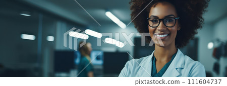 AI-generated content. Happy Young African American Businesswoman Working at Modern Office Desk with Computer 111604737