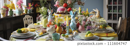Easter festive spring table setting decoration, bunny  napkins, dyed eggs, cakes, flowers. Banner 111604747