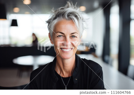 AI-generated content. Confident Mature Caucasian Woman, Happy and Elegant, Laughing in Studio Setting with Grey Hair and Casual Attire 111604766