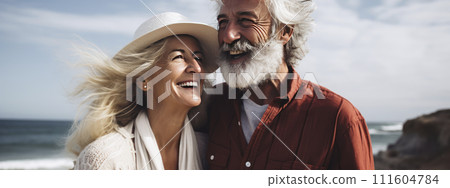 Banner.  senior family. couple of happy smiling mature people with gray hair in casual clothes. 111604784