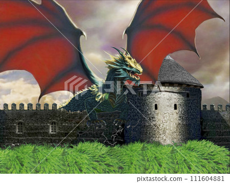 Dragon on the castle wall.A dragon with raised wings climbs over the castle wall. Dragon on the castle wall.A dragon with raised wings climbs over the castle wall. 111604881