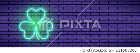 Neon Patrick's Day clover leaf or shamrock on the brick wall Neon Patrick's Day clover leaf or shamrock on the brick wall 111605208