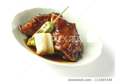 白色背景下拍攝的紅燒黃尾魚、炸什錦和蔥 111605384