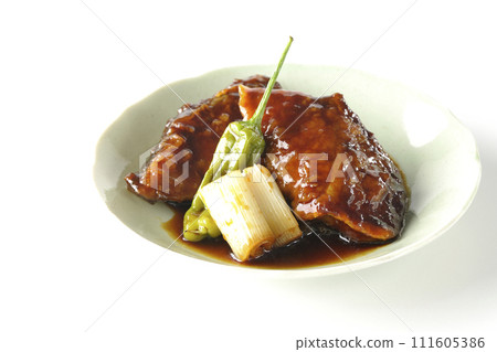 白色背景下拍攝的紅燒黃尾魚、炸什錦和蔥 111605386