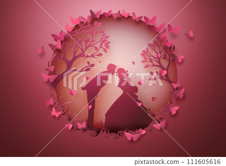 Two lovers kissing under the tree 111605616