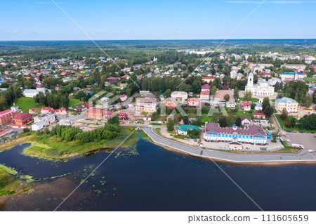 Panoramic aerial view of Russian town of Myshkin in summer Panoramic aerial view of Russian town of Myshkin in summer 111605659
