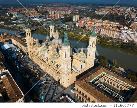Aerial view of Zaragoza with Basilica Aerial view of Zaragoza with Basilica 111605777
