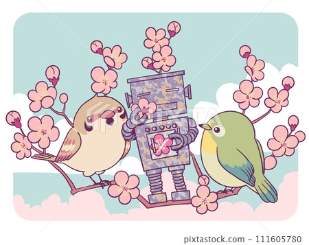 Garden robot, plum, warbler, and sparrow 111605780