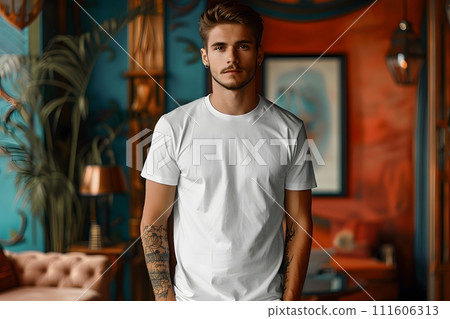 Men's White Short Sleeve Round Neck T-Shirt Mockup It is a useful tool for clothing designers to help visualize T-shirts before actual production Save time and money and makes it easier to decide. Men's White Short Sleeve Round Neck T-Shirt Mockup It is a useful tool for clothing designers to help visualize T-shirts before actual production Save time and money and makes it easier to decide. 111606313