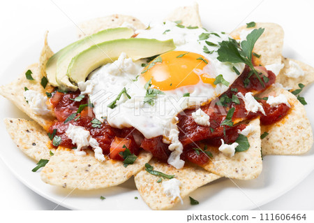 Traditional Mexican breakfast red chilaquiles with egg isolated on white background. 111606464