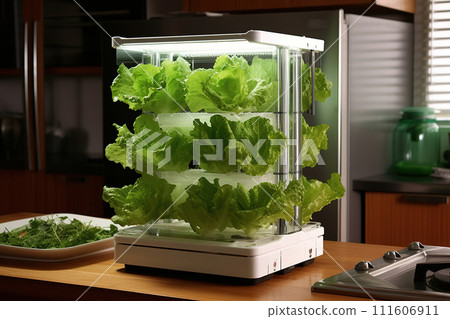 Mini hydroponic lettuce grower at home. 111606911