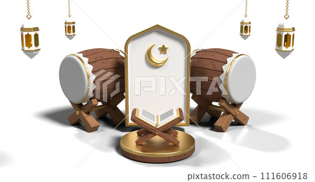 Ramadan kareem with podium quran and islamic decoration. Round podium stage, lantern, mosque ornament and quran. 3D rendering 111606918