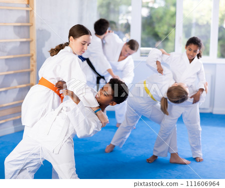 Boy and girl training judo technique 111606964