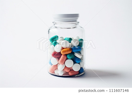 AI-generated content. Pills in a jar on an empty background 111607146