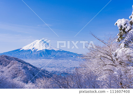 (山梨縣)日本的冬季風景·降雪後從禦坂路看到的富士山 (山梨縣)日本的冬季風景·降雪後從禦坂路看到的富士山 111607408