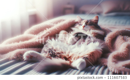 Pet cat sleeping on bed with belly exposed 111607583