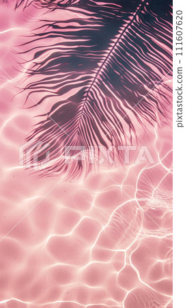 AI-generated content. A Palm Tree Leaf Is Casting A Shadow On A Pink Beach 111607620