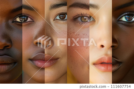 AI-generated content. Creative collage made of portraits of young beautiful woman different ethnicities, highlighting unique facial features. 111607754