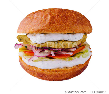 Vegetarian burger with lettuce, tomato, onion and falafel 111608053