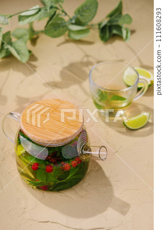 glass jug of green tea and lime glass jug of green tea and lime 111608293