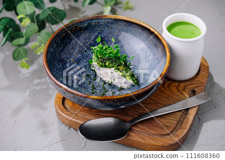 Broccoli cream soup on top view 111608360