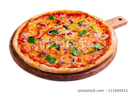 Delicious hot vegetable pizza on wood Delicious hot vegetable pizza on wood 111608422