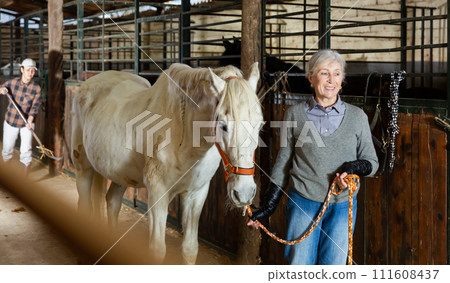 Mature woman with a white horse in stable 111608437