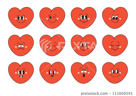 Set of hearts of funny cartoon characters with different emotions. Cartoon heart mascots. Fashionable emoticons in retro style. Vector 111608591