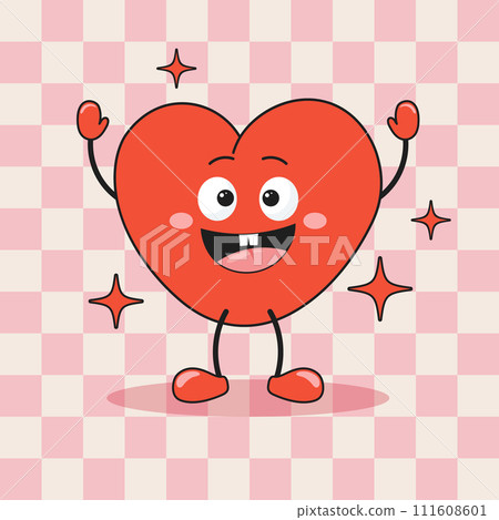 Heart funny cartoon character on retro background. Cartoon mascot heart. Fashionable smiley face in retro style. Vector 111608601