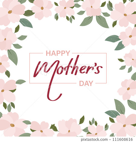 Mothers day banner with cherry blossom flowers, greeting card template, illustration with hand drawn lettering. Vector 111608616