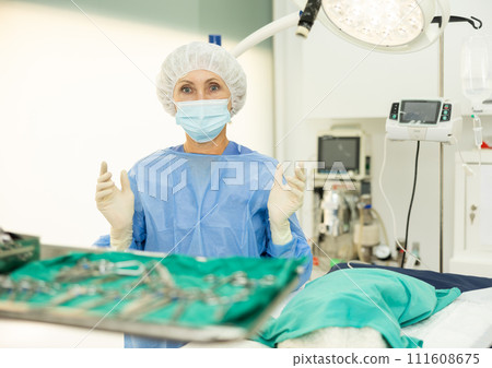 Mature woman doctor in entire perfect surgical suit stands with raised hands in gloves Mature woman doctor in entire perfect surgical suit stands with raised hands in gloves 111608675