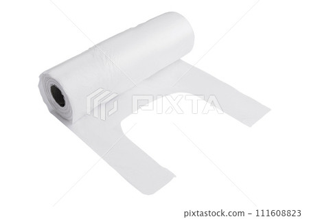 White polyethylene trash bag roll isolated on white background 111608823
