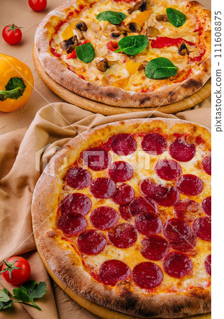 Homemade pizza close up top view Homemade pizza close up top view 111608875
