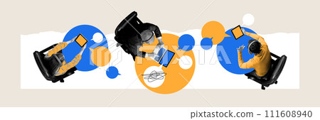 Top view. Call center, hot line. People sitting and working with different gadgets, leading online communication with customers 111608940