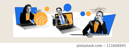 Businesspeople sticking out from laptop screens, engaged in various business activities. Leading online communication, discussing projects 111608945