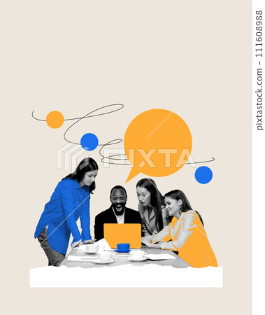 Group of employees sitting in coreference room and looking on laptop with emotional, excited faces. Startup launching and successful promotion 111608988